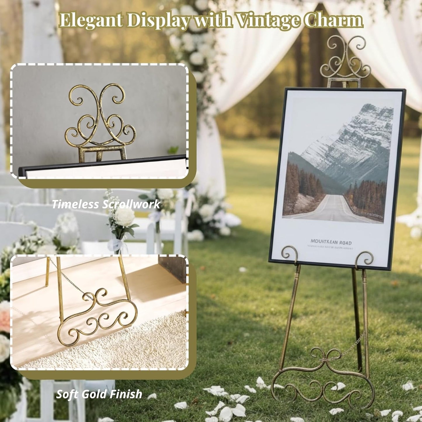 57”H Metal Easel Stand for Sign Rustic, Upgrade Large Free Standing Adjustable Display Scroll Easel Stand, Heavy Duty for Mirror Pictures Wedding Holder Showcasing with Chain Support