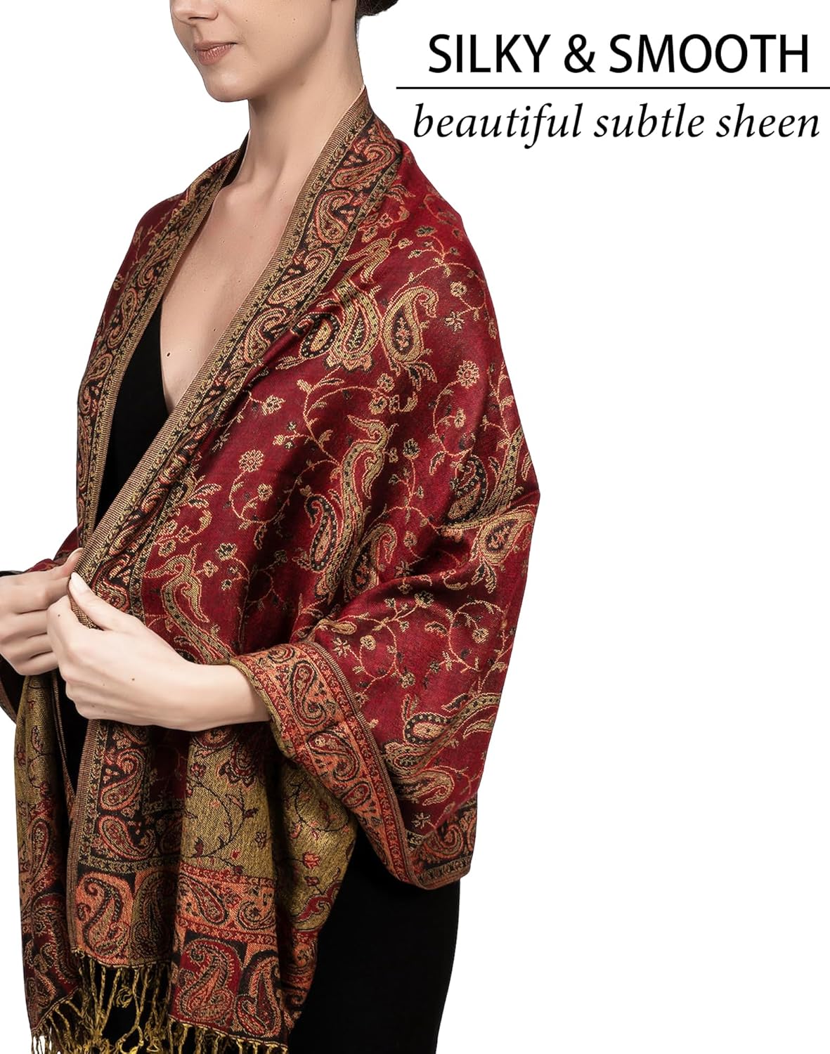 Achillea Reversible Paisley Pashmina Rave Scarf – Exotic Indian Shawls and Wraps for Evening Dresses, Festivals, All Seasons