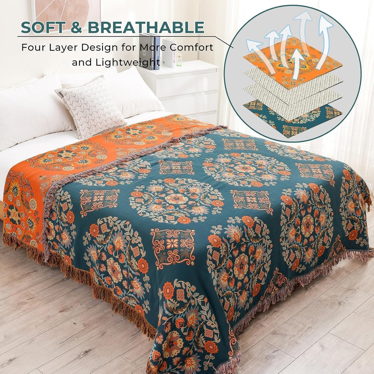 King Throw Blanket for Bed Couch,100% Organic Cotton Reversible Soft Quilt, Orange Floral Breathable Lightweight Blankets,90"×108" Extra Large Sofa Throws for 3 4 Seater with Tassels,Teal