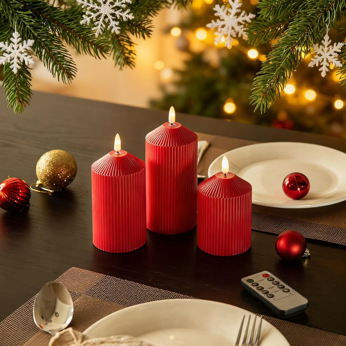 Flameless Candles with Remote, Battery Operated Candles Real Wax LED Fake Pillar Candles with Timer Flickering Flame for Wedding Home Party, Set of 3 Red