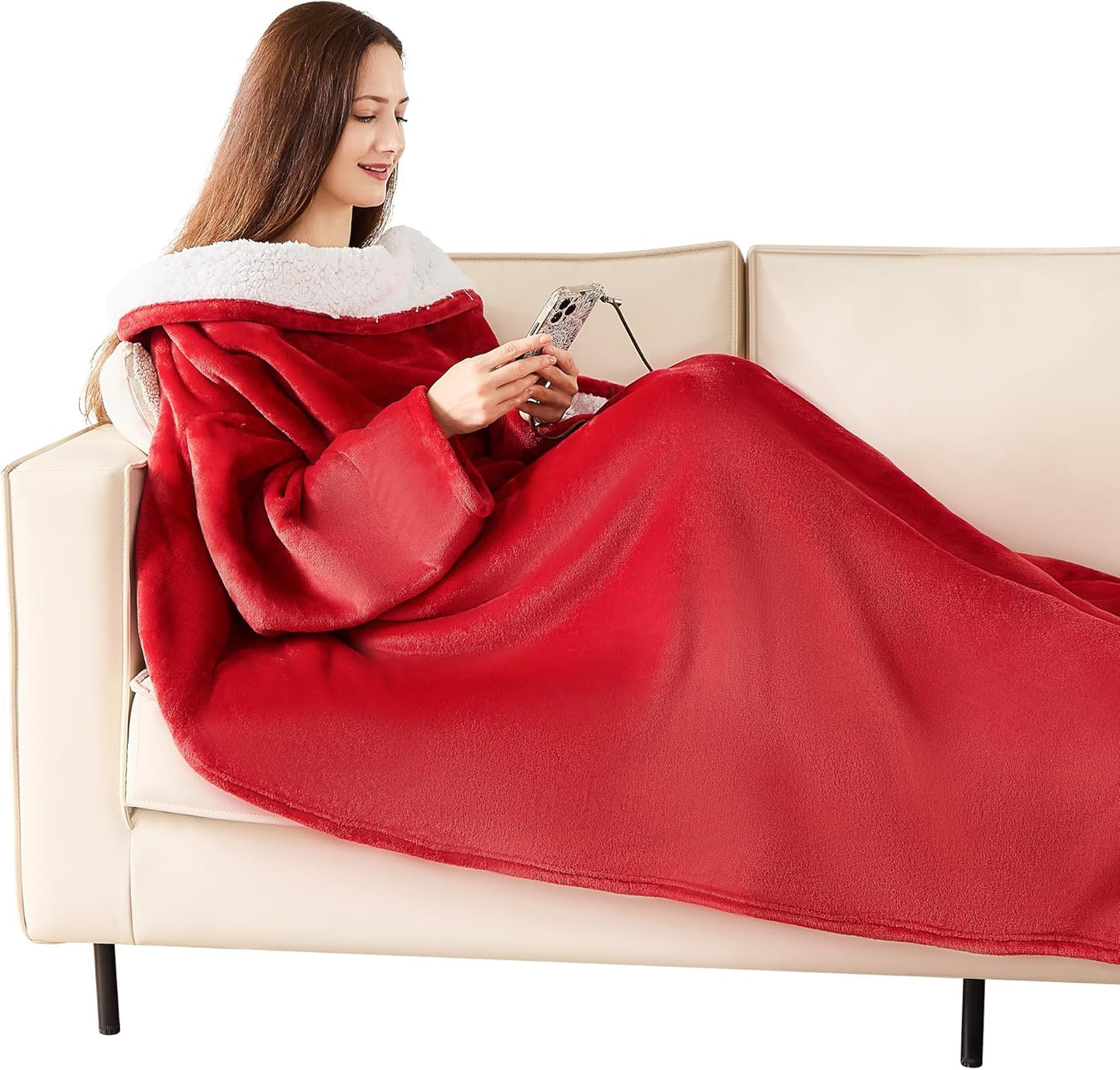 Wearable Blanket with Sleeves, Cozy Wearable Blanket with Arms and Pockets for Women Men, Warm TV Wrap Throw Blanket Robe as Gifts for Mom Wife, Wine