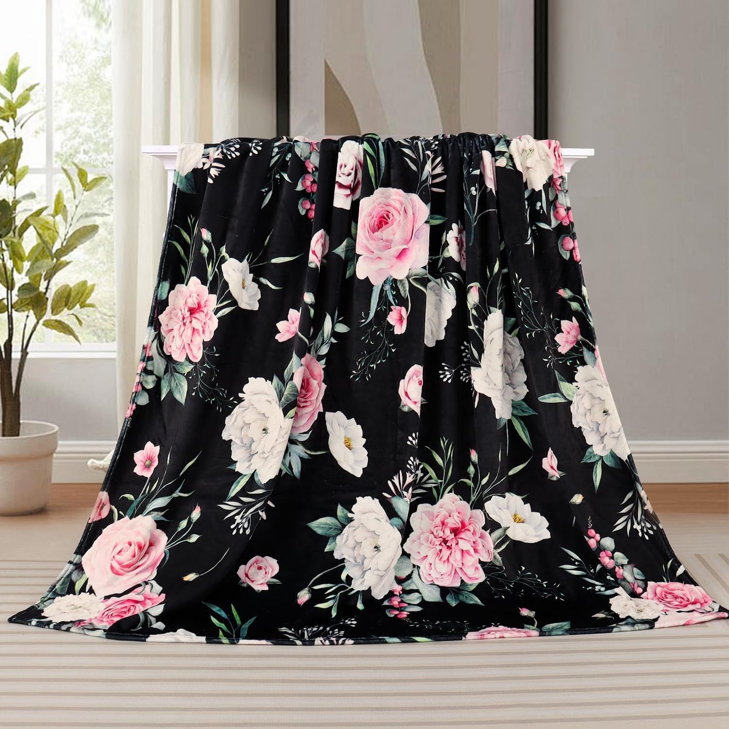 Floral Throw Blanket Botanical Flower Blanket Ultra Soft Flannel Fleece Throw Blankets Lightweight Cozy Fluffy Plush Blankets for Bed Couch Sofa 50"X60"