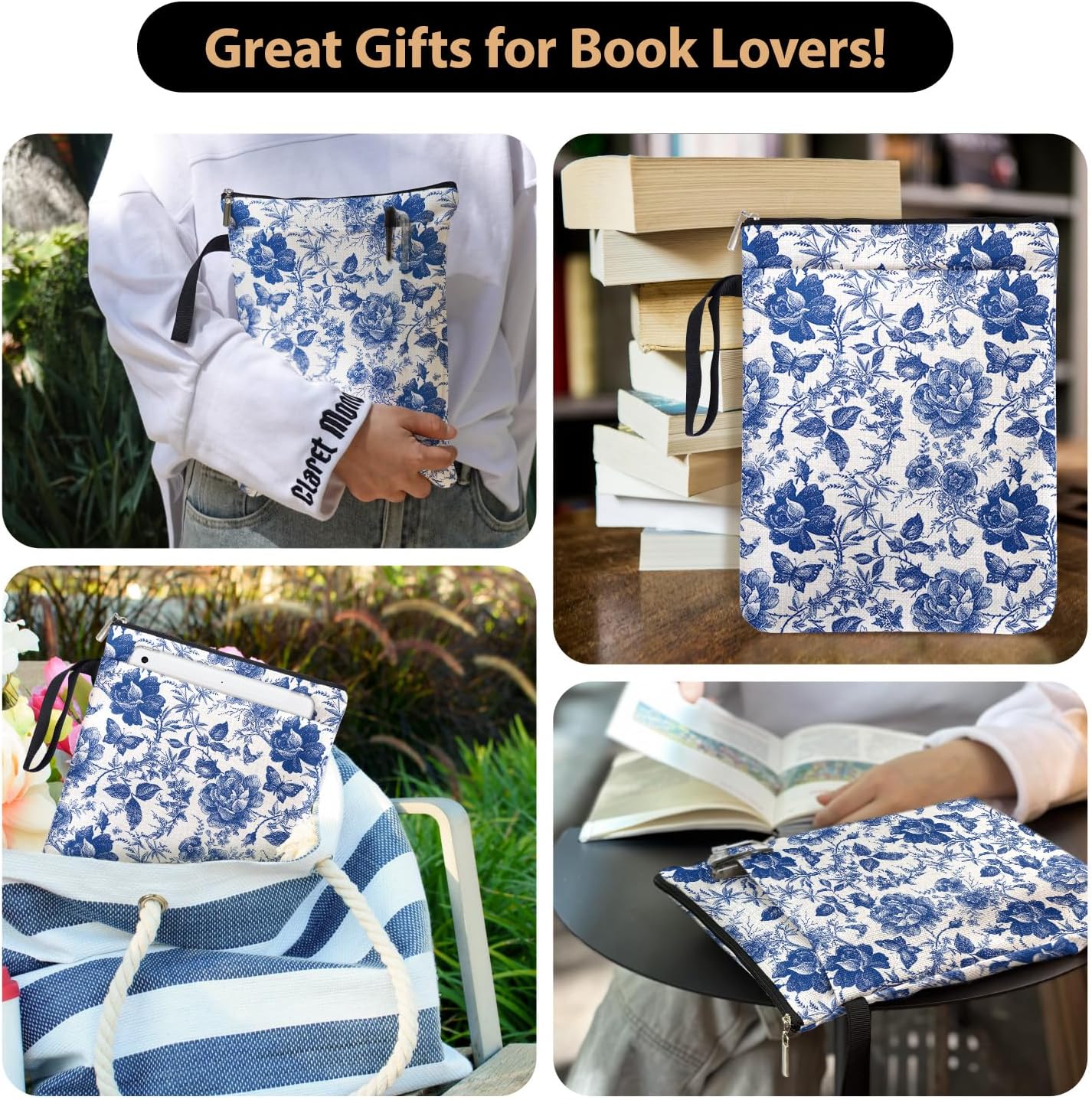 Blue and White Porcelain Vintage Chinoiserie Printing Book Lovers Gifts Book Sleeve for Women Grandma Readers Librarian with Handled Waterproof BookCover Case Book Club Gifts Book Accessories