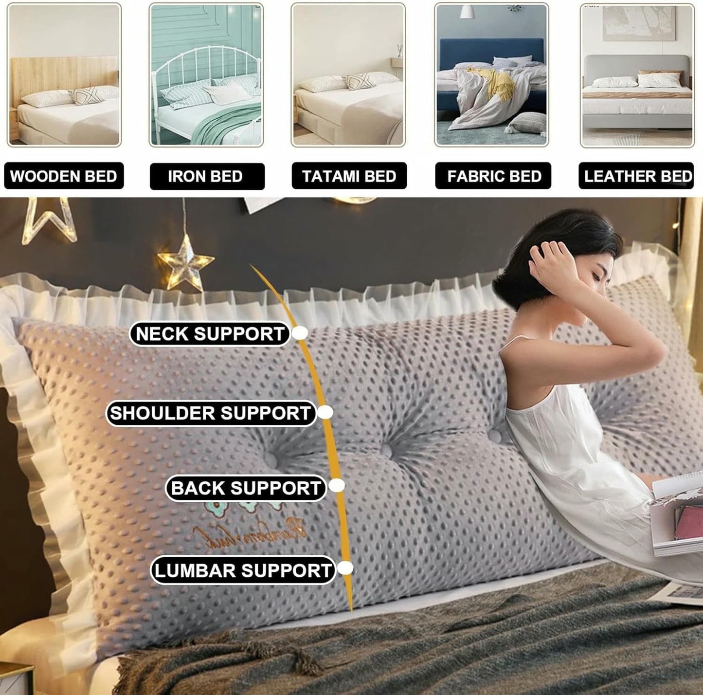 Solid Color Long Headboard Pillow,Reading Bed Rest Wedge Cushion,Large Bolster Positioning Support Pillow Removable Velvet Backrest for Dorm Room Daybed Bed~/