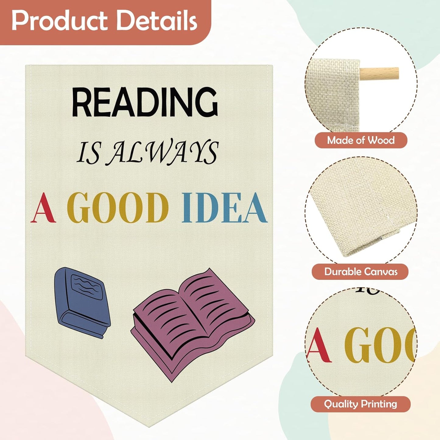 Reading Corner Decor Canvas Banner Kids Reading Decor Classroom Library Playroom Wall Art Decors Hanging Pennant Flag Banner for Nursery Toddler Kindergarten Kids Room Wall Decors