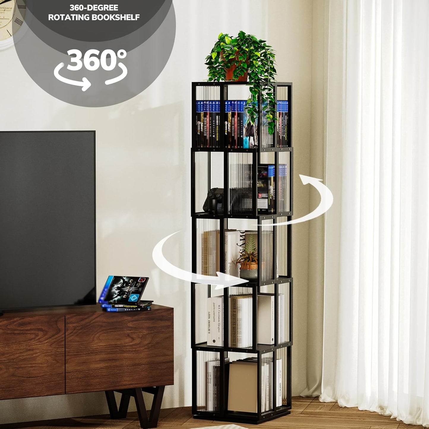 BAMEOS Solid Wood Rotating Bookshelf Tower 5 Tier，360°Storage Spinning Bookcase, Black Cube Corner Bookshelf for Office,Bedroom and Living Room