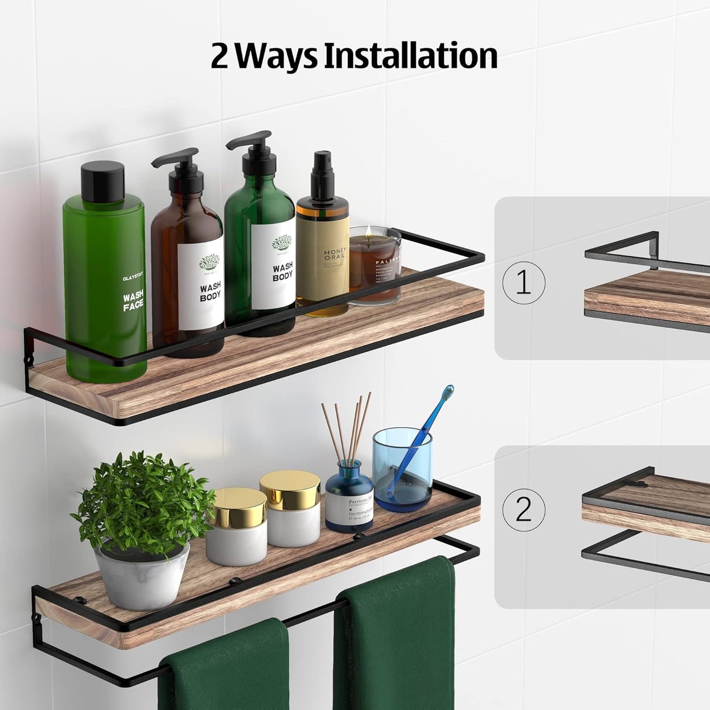 Meangood Floating Shelves Wall Mounted Set of 2, Rustic Wood Wall Storage Shelves for Bedroom,Living Room,Bathroom, Kitchen Torched Wood