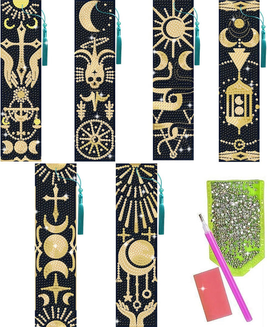 6Pcs Fantasy Divination 5D Diamond Art Bookmarks Sun Moon Scales Diamond DIY Painting Bookmarks Rhinestones Beaded Acrylic Tassel Bookmark for Adult Beginner Crafts