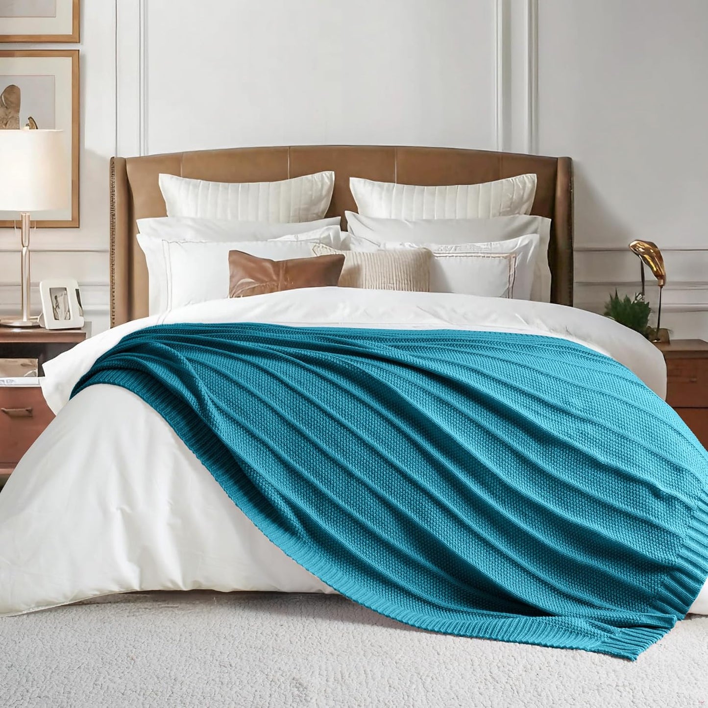 Carriediosa Knit Throw Blanket for Couch 50" X 60", Soft Cozy Stripe Pattern Cable Knitted Throws Fall Fluffy Textured Solid Home Decor Blankets Couch Cover for Bed Sofa, Teal
