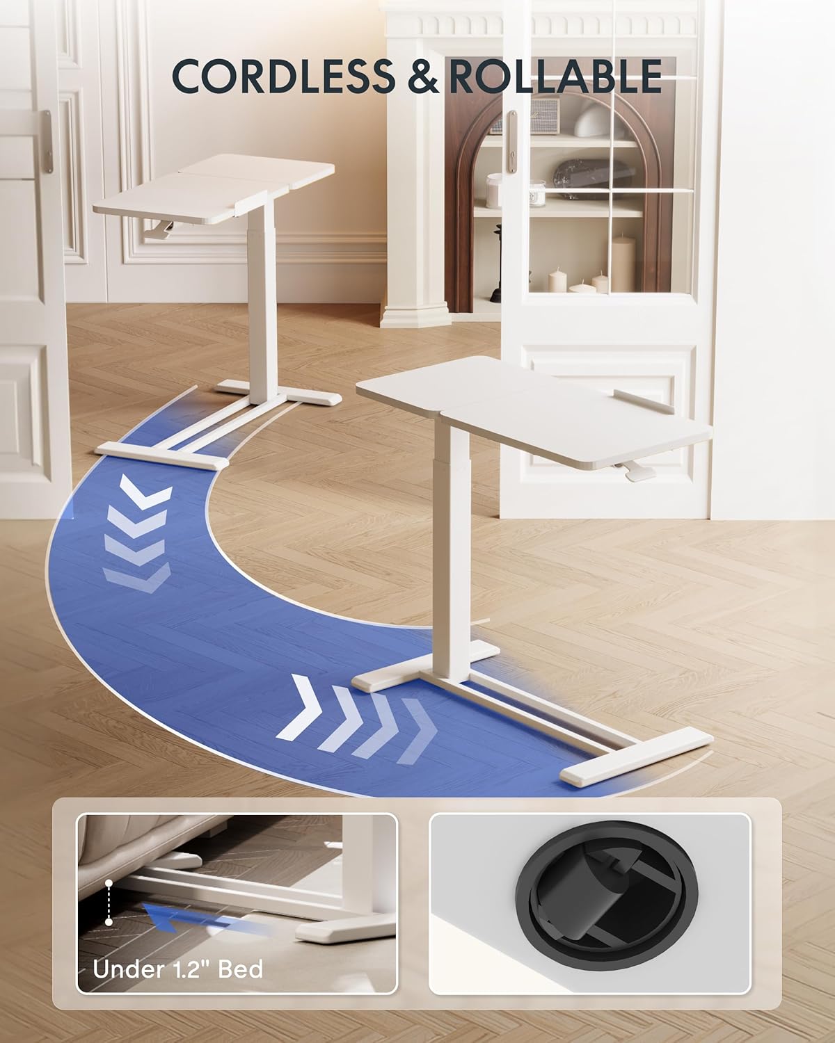 FLEXISPOT Adjustable Height C-Shaped End Table with Split Tilting Top – Mobile Side Table for Sofa & Bedside, Slides Under Furniture, Hidden Wheels for Small Spaces(31.6" W x 15.7" D,White)