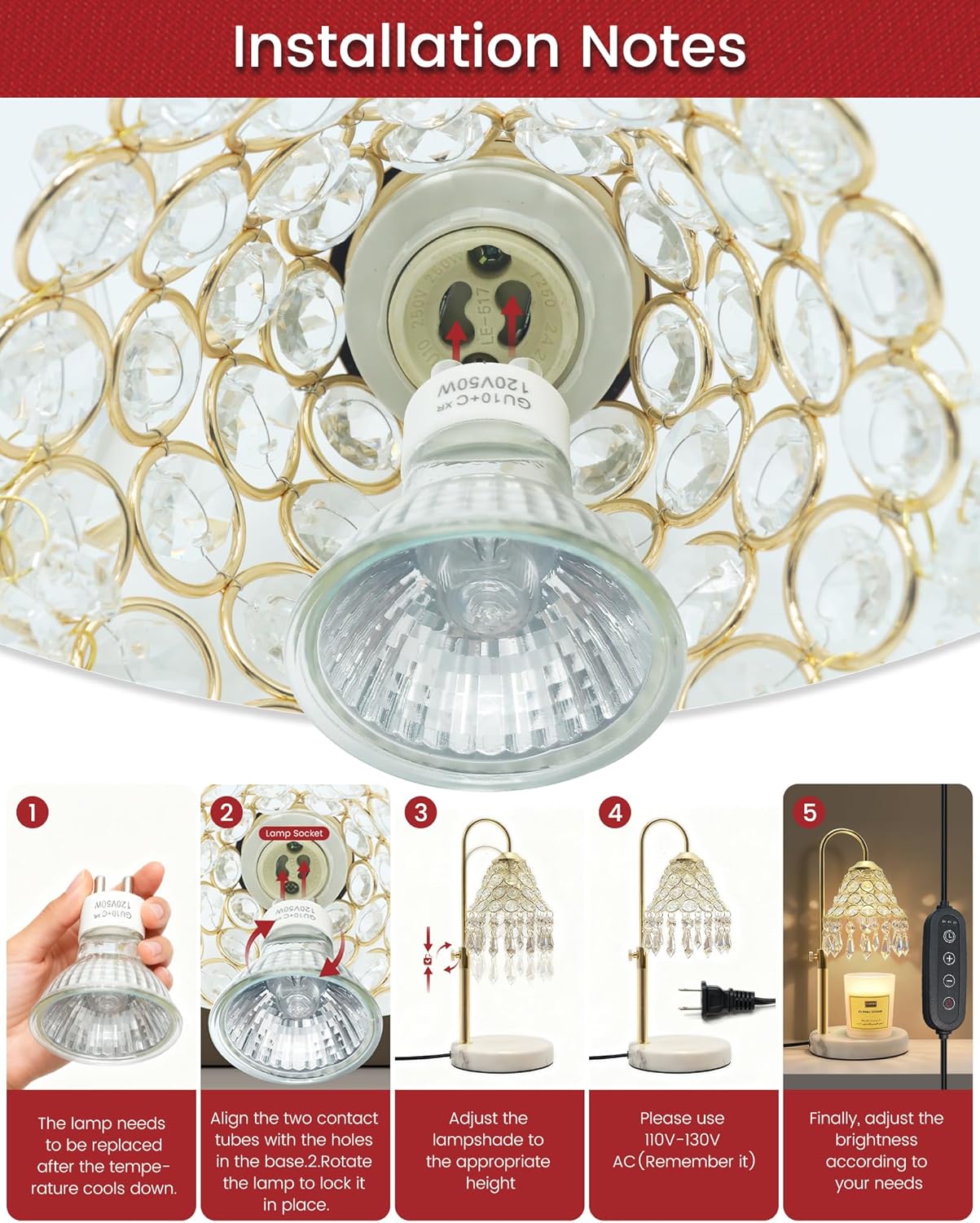KISUFU Smart Crystal Candle Warmer Lamp with Timer - 2-in-1 Table Lamp & Adjustable Height, 50W Halogen Bulb + 5W Night Light, Luxury Valentine Gift for Women, Christmas, Fall Home Decor (Gold)