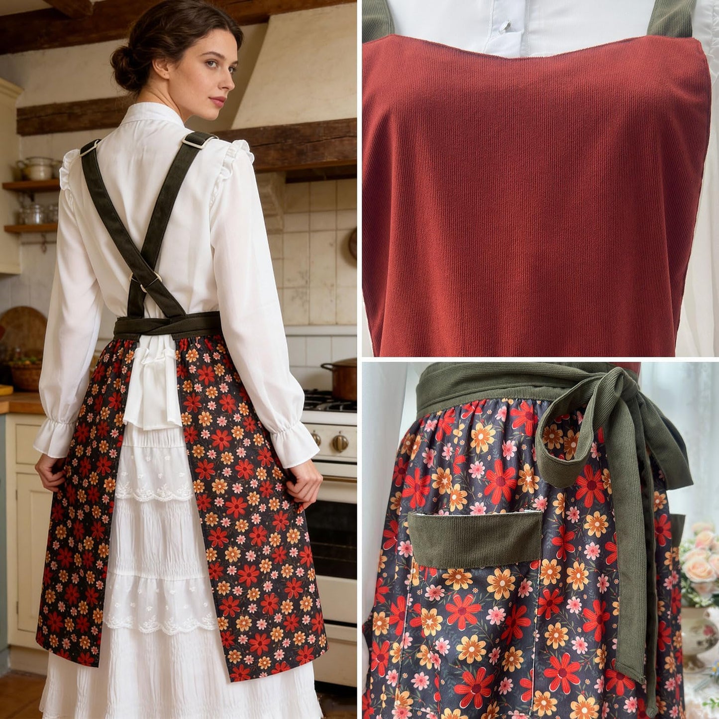 Uaussi Pinafore Apron Dress for Women Adjustable Floral Work Aprons for Kitchen Cooking Baking Gardening with Pockets