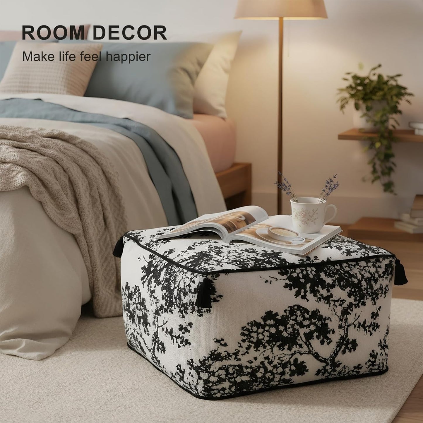 Square Pouf Ottoman Foot Stool with Tassels - Soft Chenille for Living Room & Office - Foot Rest, Home Decor & Removable Cover - Modern Black White Tree Design - 19.7" x 11.8"