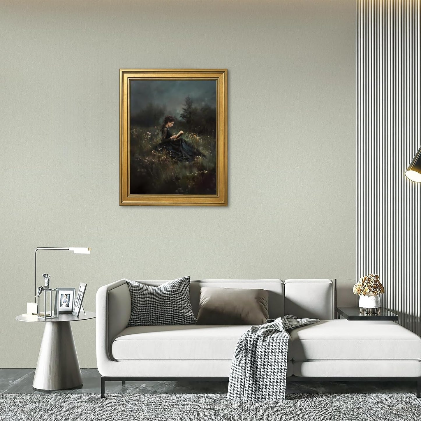 PMKXFGK Large Framed Wall Art Woman Reading in Field Poster Canvas Print Vintage Gothic Aesthetic Painting Dark Academic Pictures Wall Decor for Living Room Bedroom Apartment 24x36inch Golden Frame