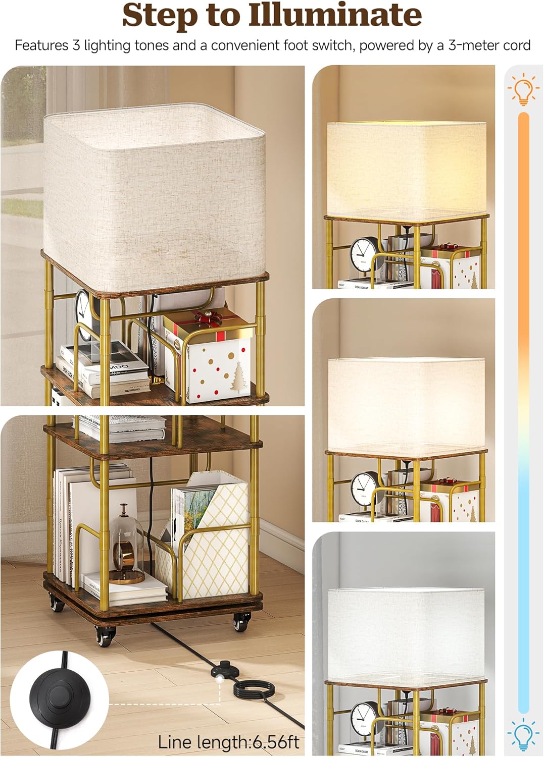 Rotating Bookshelf with Light, Wood Revolving Bookshelf Tower with Wheels, Small Floor Standing Book Organizer, 360 Display Corner for Small Space, 5-Tier