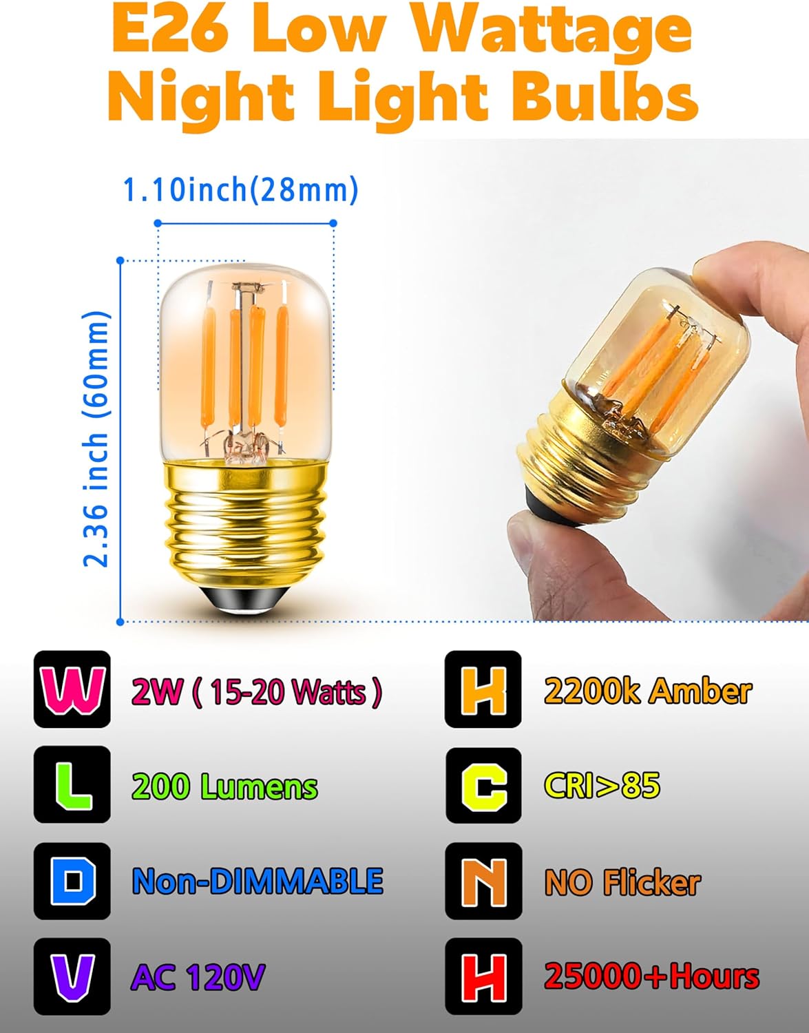 E26 Amber Night Light Bulbs, 2w 200lm Low Wattage Sleep Light Bulb (15W Equivalent), 2200k Warm T28 Mini LED Edison Bulb, E26 Medium Base for Decorative Bulbs Oven Wall Sconces Lights, 4 Pack