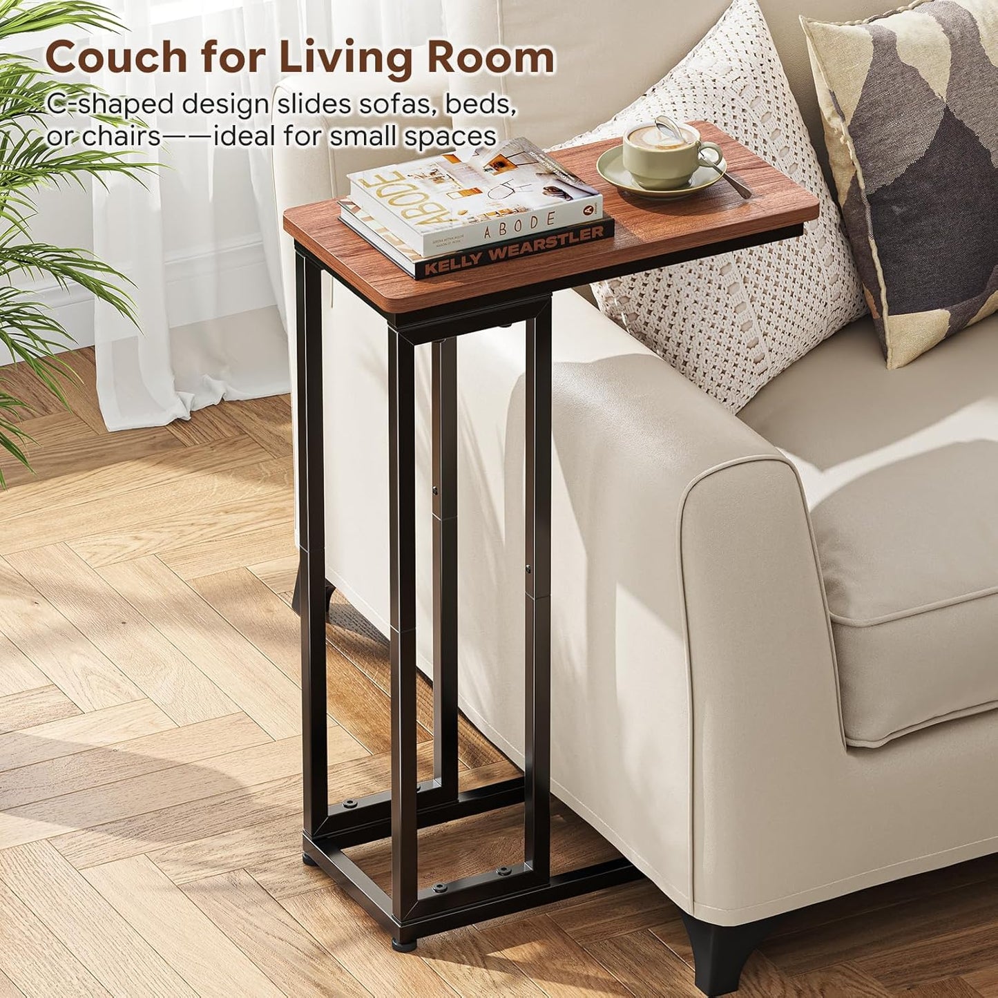 C Shaped End Table, Small Side Table for Couch, Sofa Table Snack Table with Metal Frame for Living Room, Bedroom, Rustic Brown