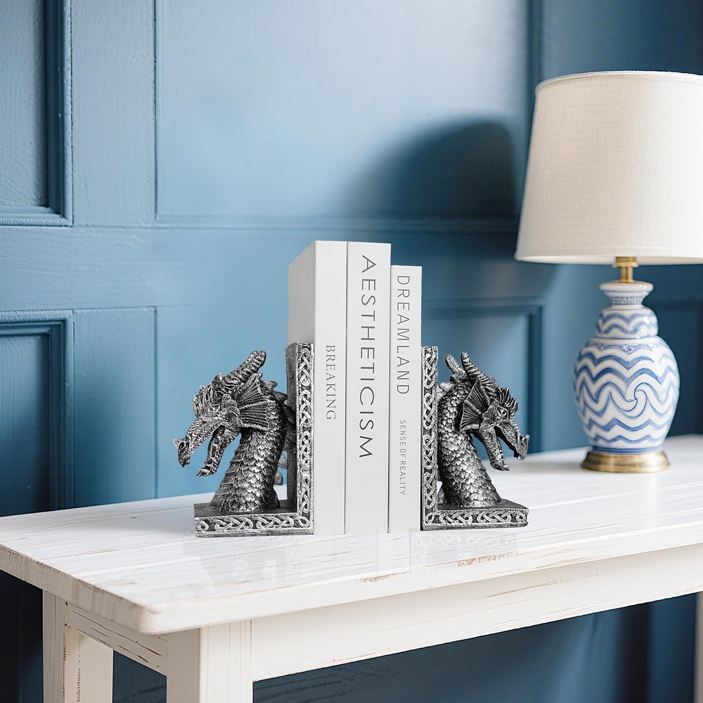Book Ends for Shelves to Hold Books Heavy Duty,Decorative Bookend for Bookshelf Décor, Animal Dragon Book Stopper Dragon Statues for Home, Office Desk, Living Room Decoration,Vintage Silver,1pair