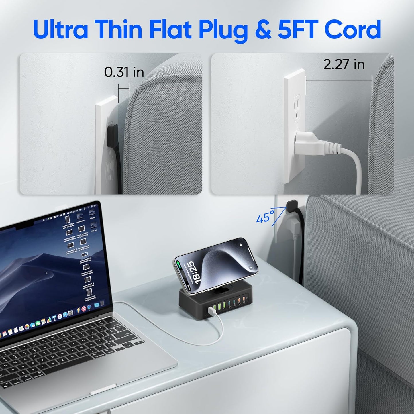 300W USB Charging Station, 11-in-1 USB C Power Strip Surge Protector, 2AC Outlets & 8USB Ports, 5ft Flat Plug Extension Cord with Multiple Devices, Desktop Charger for Home Office Desk Accessories