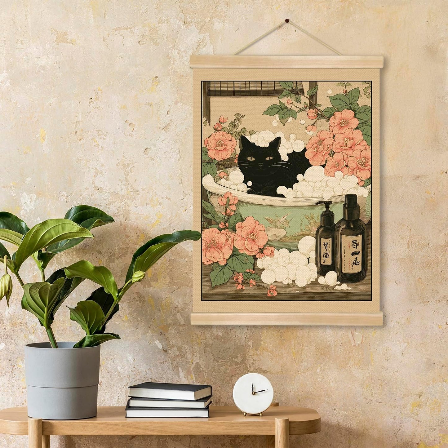 Funny Japanese Style Black Cat Bathing Linen Poster with Wood Hanger, Elegant Animal Wall Art,Vintage Bathroom Wall Hanging Decor for Cat Lovers,Friends Gift 14 x 18.5 Inches (Black-cat)