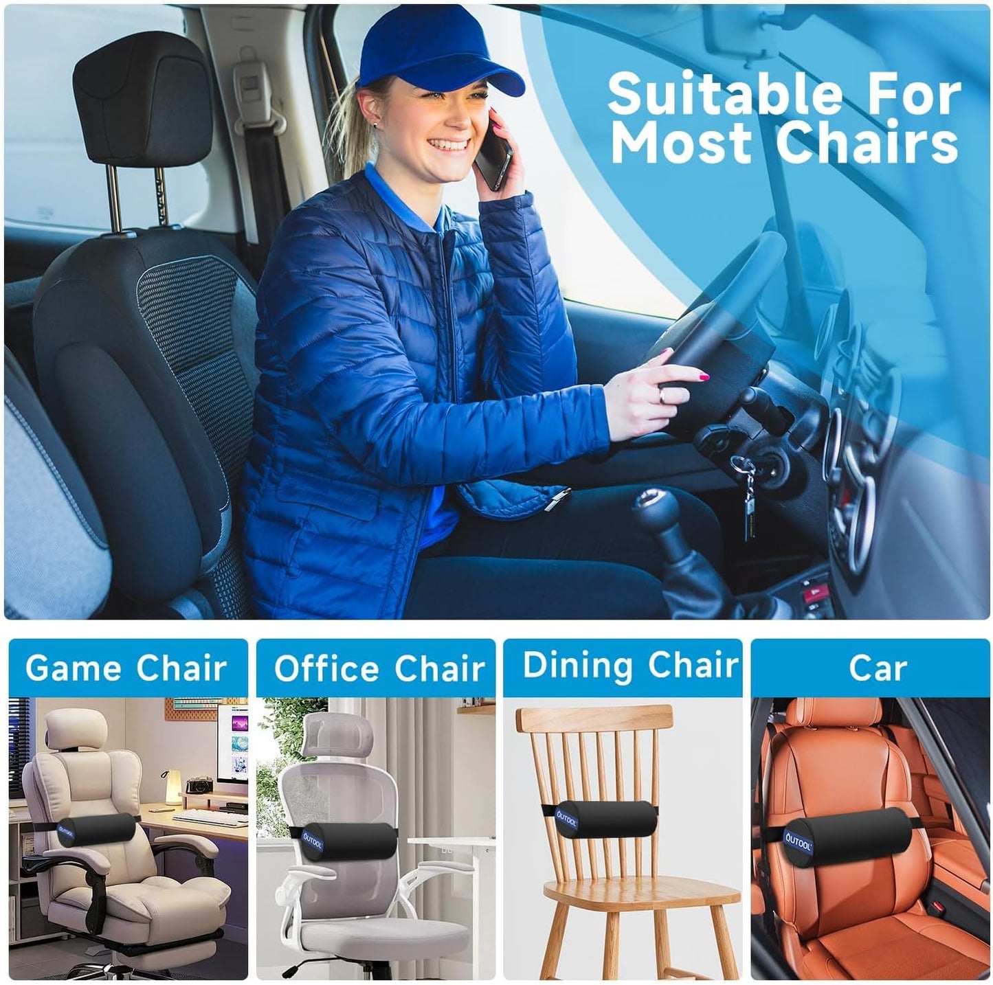 QUTOOL Lumbar Roll, Lumbar Support Pillow for Office Chair with Non-Slip Wider Strap, Back Pain Relief & Posture Improvement, Washable Cover, Office Desk & Car Accessories, Black, Firm