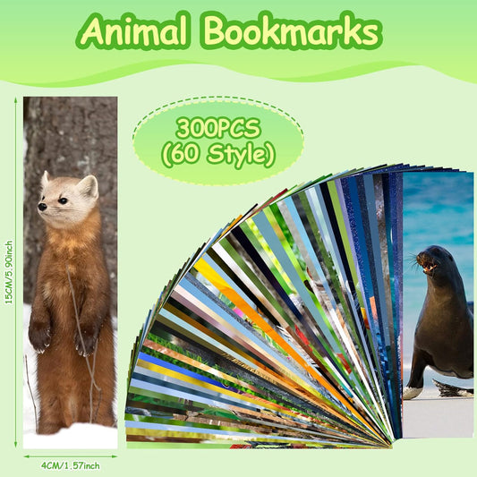 300PCS Animal Bulk Bookmarks for Kids Classroom 60 Designs Cool Wildlife Bookmark Cute Book Mark Double Sided Bookmark for Book Lovers Students Children Rewards Gifts