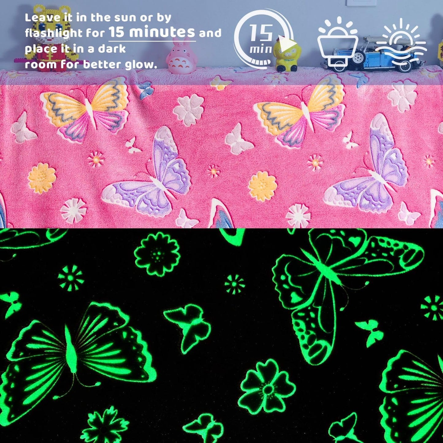 Glow in The Dark Pink Butterfly Blanket for Girls Fuzzy Cozy Warm Soft Fleece Glowing Throw for Couch Bed Sofa Unique Birthday Gifts Blankets for Teens(Butterfly,50X60)