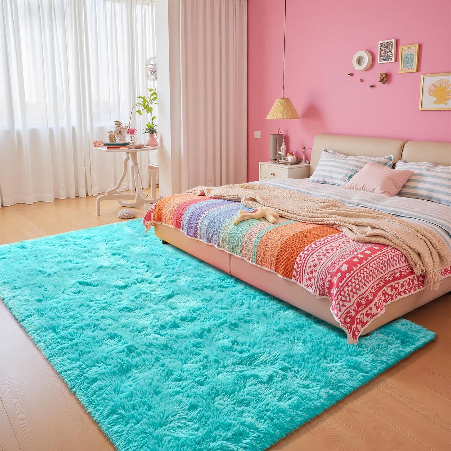 junovo Blue Washable Area Rug for Boys Bedroom Living Room, 4x5.3 Soft Non-Slip Fluffy Rugs, Shag Plush Memory Foam Carpet for Kids Room Baby Nursery Home Decor