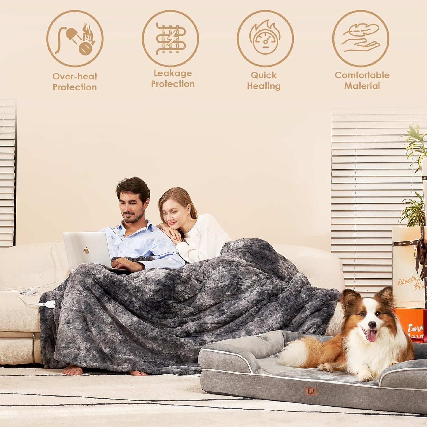 EHEYCIGA Faux Fur Heated Electric Blanket King Size - 9 Heating Levels, 10 Hours Auto Off, Soft Cozy Washable Dual Control With Fast Heating, 90 x 100 Inches