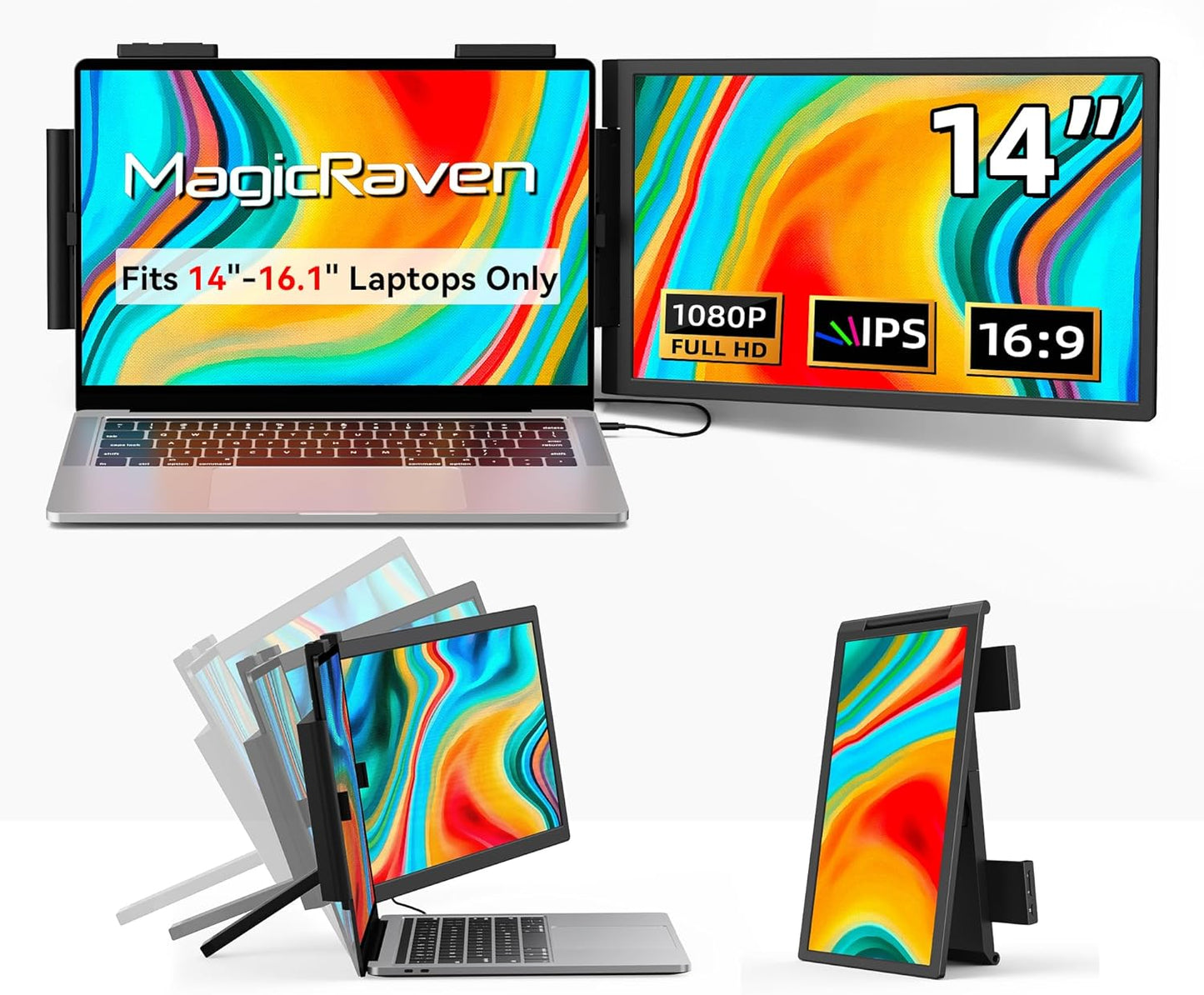 Laptop Screen Extender, 14" 1080P Portable Monitor, Type-C HDMI Plug and Play for 13.3" - 16.1" Laptops, 270° Rotation Attachment Display for Windows/MacOS/Chrome Laptop Phone