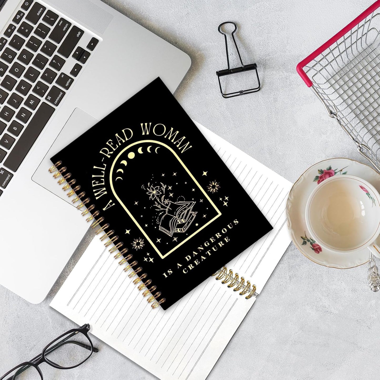 UTELKA Reading Journal Notebook Reader Book Spiral Notebook 5.5x8.3, A Well-Read Woman Black Gold Book Journal for Books Lovers Bookish Gifts for Women Girls