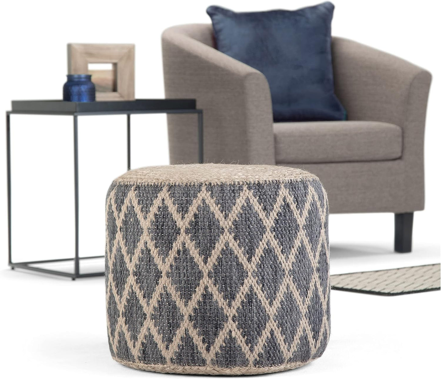 SIMPLIHOME Edgeley Round Pouf - 18 inch Wide Handwoven Jute and Cotton Ottoman in Grey and Natural, Boho-Style Footstool or Extra Seating for Living Room, Bedroom, or Kids Room, Assembled