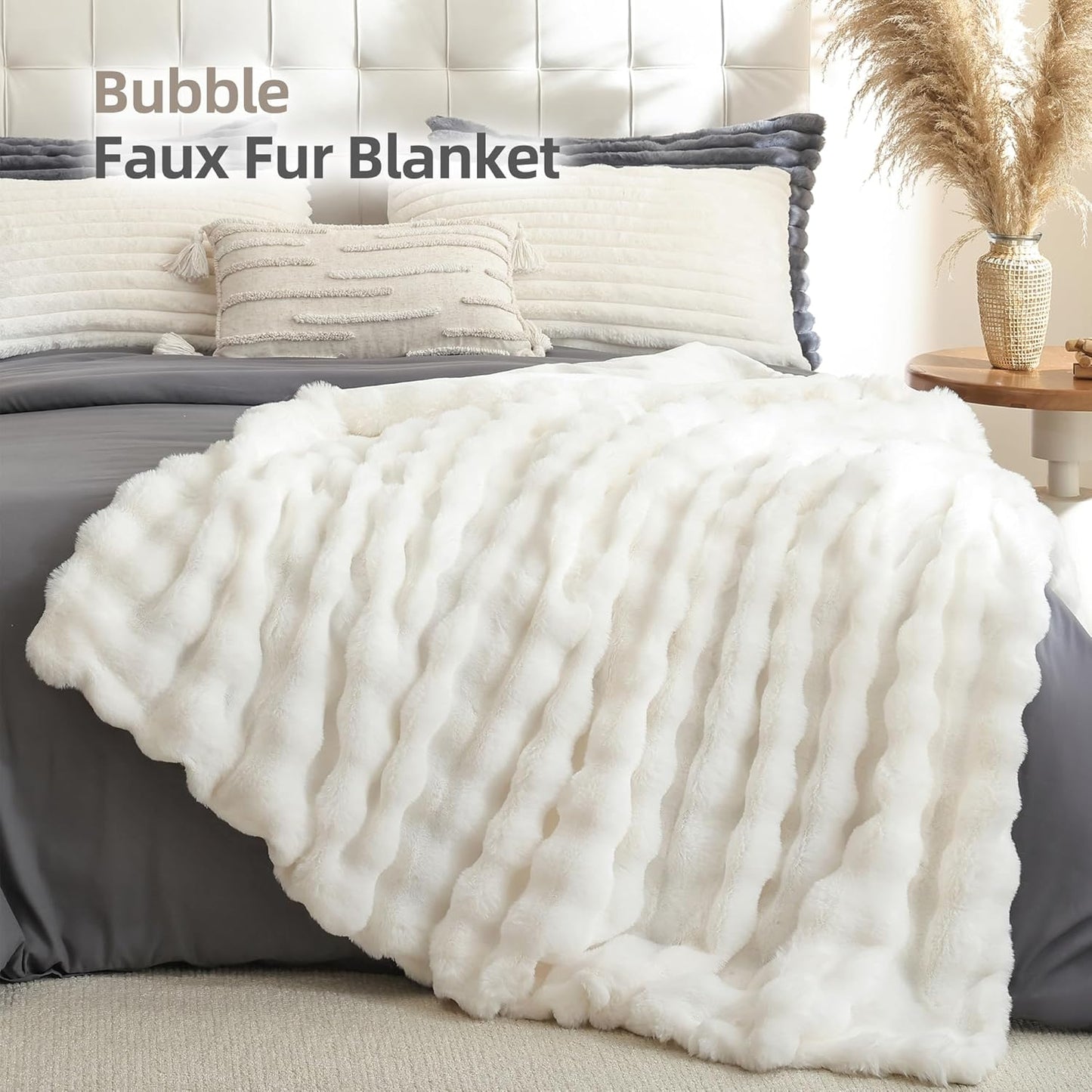 Smoofy Faux Fur Throw Blanket for Couch – Cream White Fluffy Cozy Rabbit Fleece, Plush Soft Bubble Blanket for Sofa & Bed, for Mom, Warm Fuzzy Home Room Decor Throw 50" x 60"