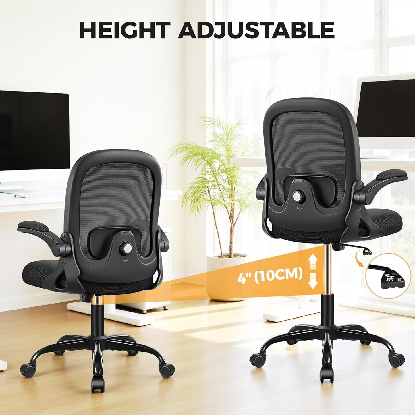 Primy Desk Chair Ergonomic Office Chair with Adjustable 3D Lumbar Support and Height, Comfy Mesh Computer Chair with Flip-up Armrests, Swivel Rolling Task Chair with Wheels for Home Office (Black)