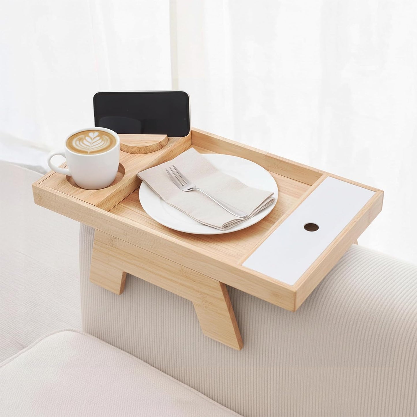 Couch Arm Tray – Rubberwood Sofa Armrest Table with Extra Storage Compartment, Minimal Scandinavian Wooden Design, Fits Multiple Arm Shapes & Sizes – Elegant Couch Armrest Organizer