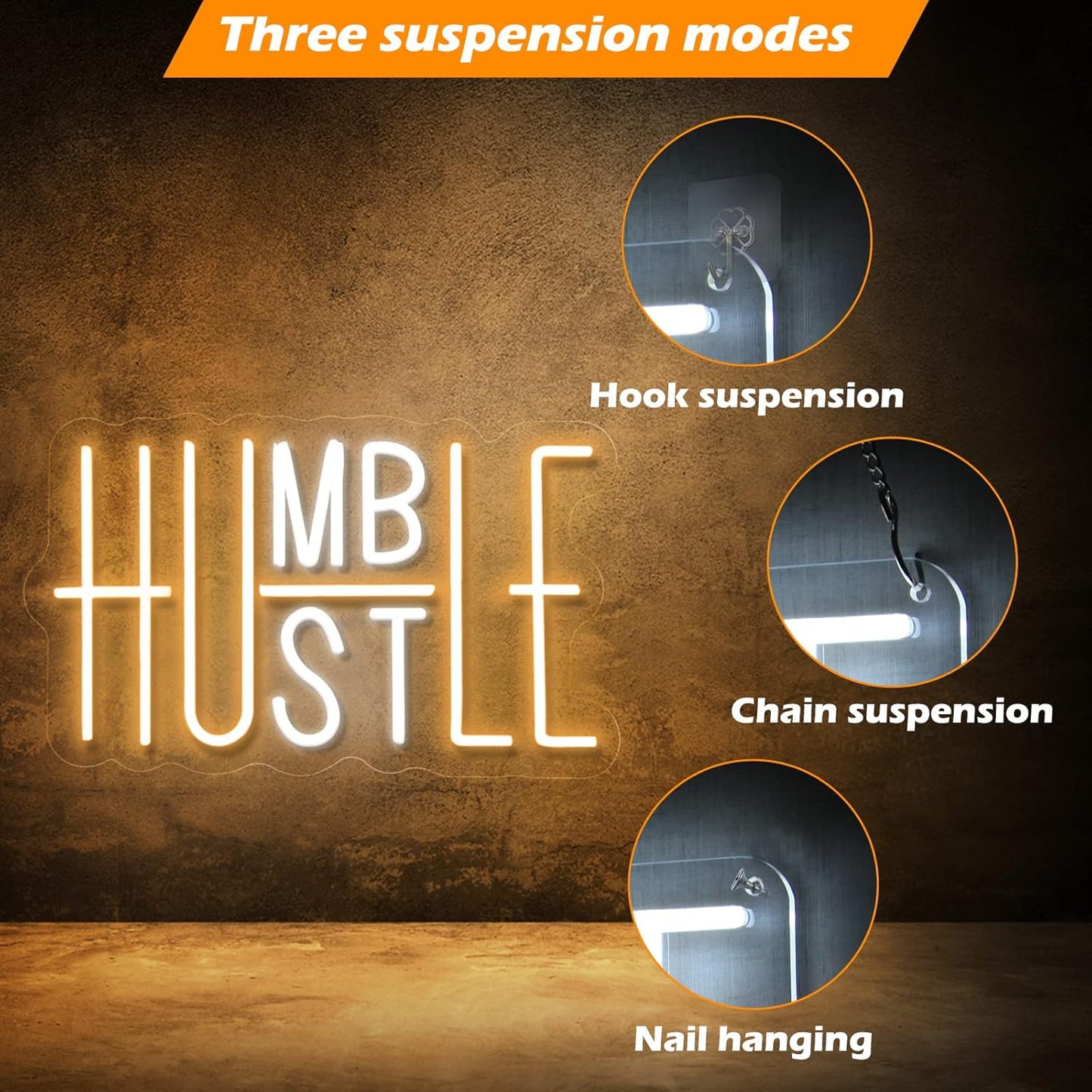 Hustle LED Neon Sign for Wall Decor, Humble Party Decorations, USB Powered Switch Adjustable Brightness LED Neon Lights, for Office Room, Gym Room, Man Cave Decor (Yellow&White)