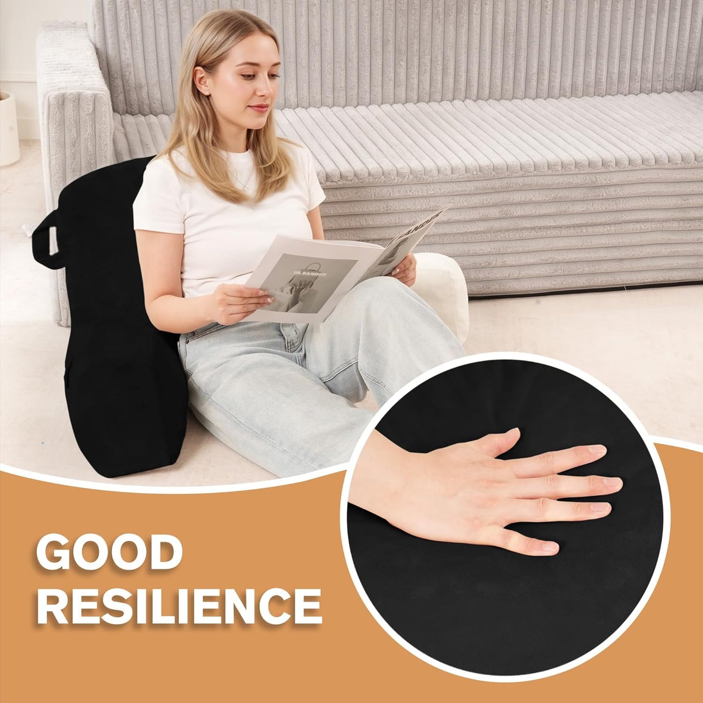 Portable Comfy Reading Pillows for Bed Sitting Up(Black Oeko-Tex), Velvet Back Pillow with Arms & Pockets for Adults, Support Memory Foam Bed Pillow for Dorm/Reading/Watching/Gaming