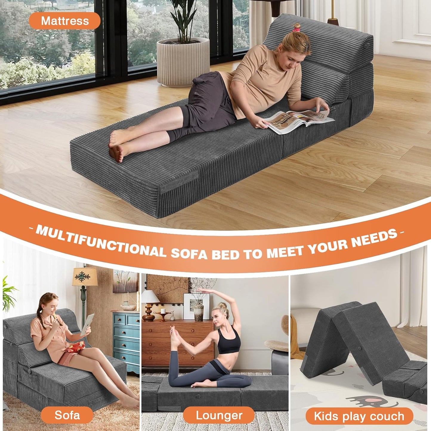 Comfy Folding Sofa Bed - Convertible Sleeper Sofa Fold Out Sofa Bed Sleeper Chair Couch for Living Room Guest, Foldable Floor Chairs Lounger Mattress with Back Support, Dark Grey