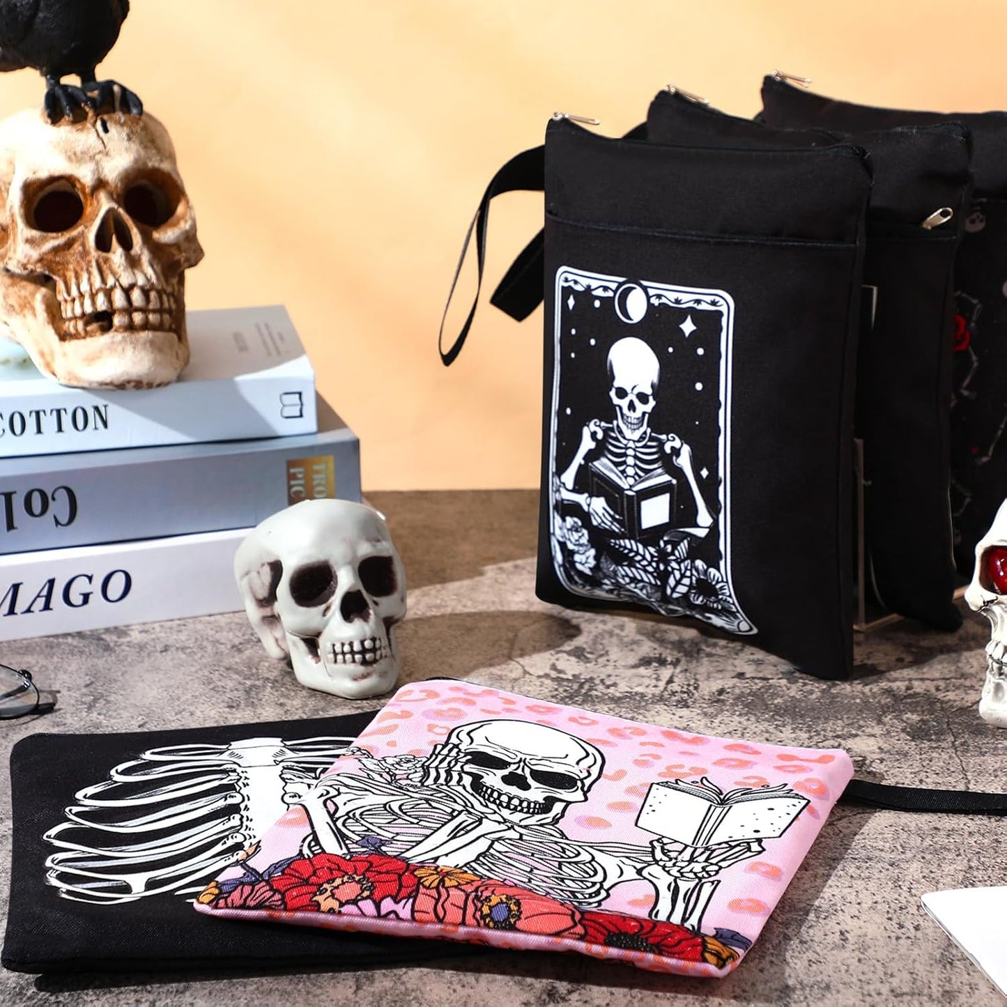 6 Pack Gothic Book Covers Book Club Gifts Book Covers for Paperbacks Skeleton Book Sleeve with Zipper Book Case Bag Gothic Book Protector for Book Lovers Teacher Student Gifts