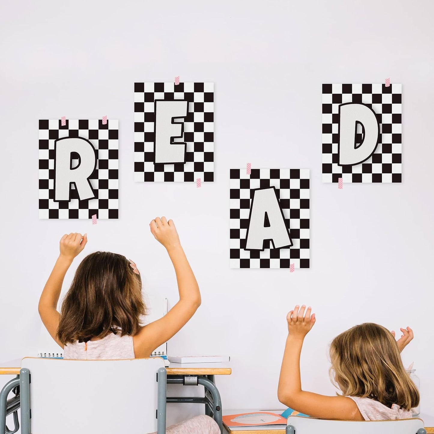 HRQKO Read Checkered Wall Art Poster Prints Set of 4, Reading Corner Decor, Black and White Reading Artwork Printing Posters Wall Decor, Read Sign Prints for Kids Boys Room Playroom 8”x10” Unframed