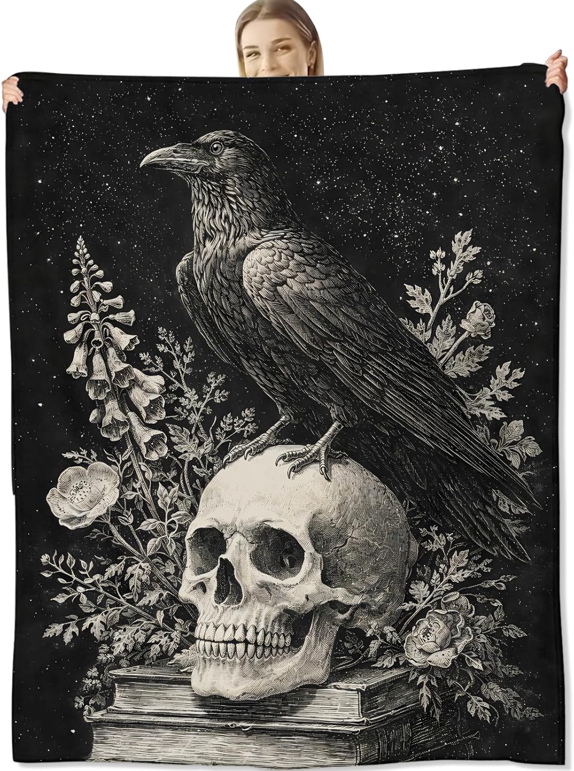Raven Skull Blanket for Gothic and Dark Nature Lovers, Vintage Skeleton Book Flannel Blankets, Goth Art Gifts, Soft Warm Cozy Throws for Sofa Couch Bed Living Room Bedroom Home Decor 60" x 50"