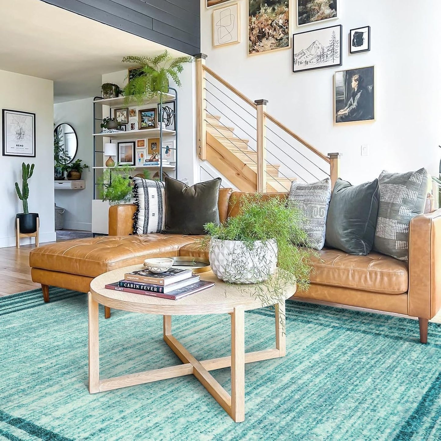 Lahome Amabel Abstract Teal 8x10 Area Rugs for Living Room, Washable Modern Bedroom Rug 8x10 Stain Resistant, Low-Pile Soft Minimalist Bordered Large Indoor Carpet for Office Dining Room