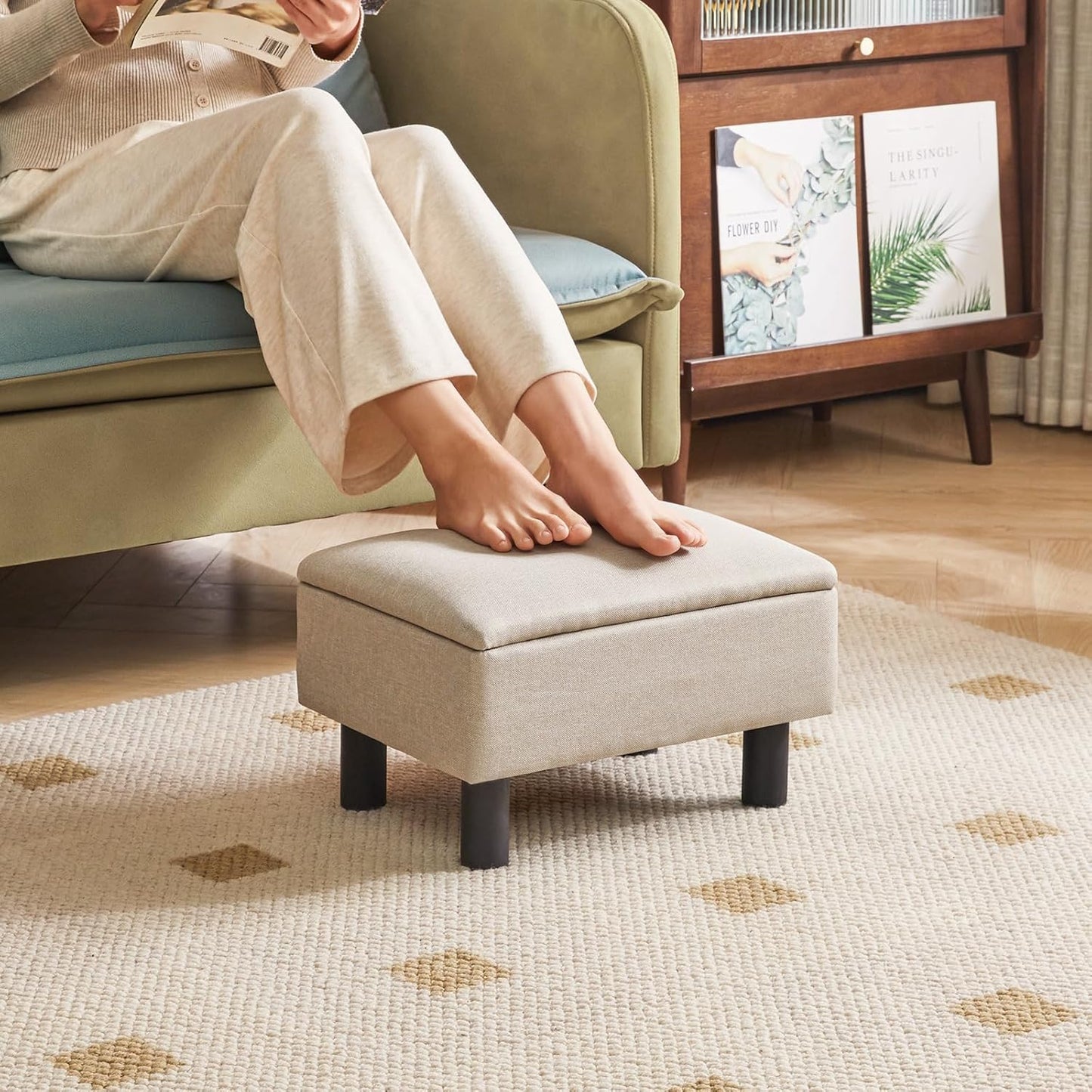 IBUYKE Storage Ottoman Footrest Stool with Linen Fabric, Rectangular, Flip Top Lid, Non-Slip Feet, Compact Design, Stylish and Functional, Linen RF-BD223