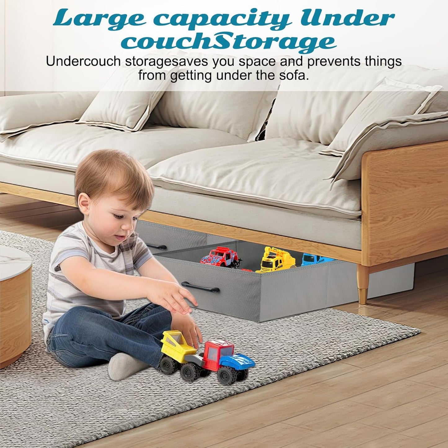 CIEOVO 2 Pack Under Couch Storage Containers, Foldable Under Sofa Storage Organizer Under Couch Storage Box with Handle for Toys Puzzles Dolls Books Graffiti Graffiti Tools