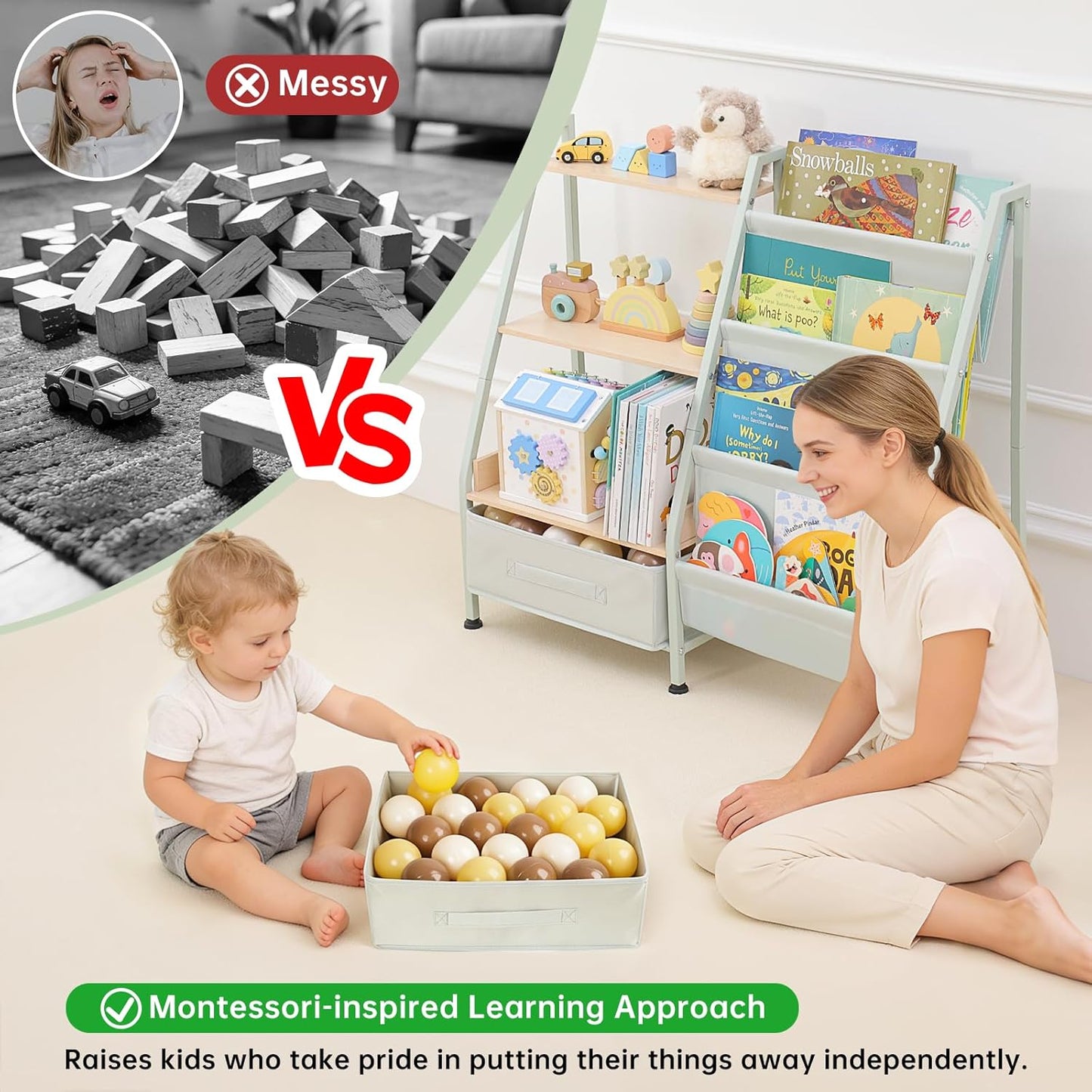 Fabuday Kids Bookshelf and Toy Storage Organizer - 4 Tiers Toddler Baby Sling Book Shelves for Kids Room, 3 Tier Montessori Childrens Bookcase for Nursery, Playroom, Classroom, Small Spaces