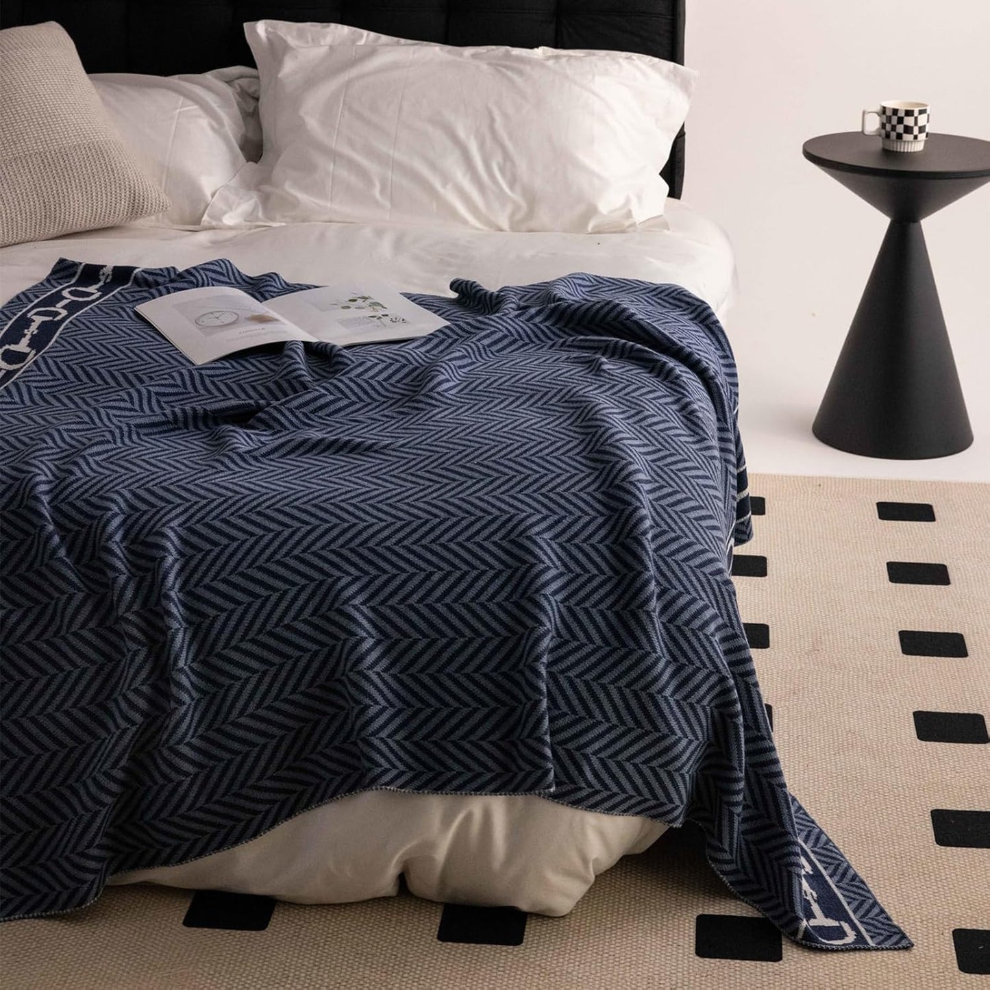 vctops Herringbone Wool Blend Throw Blanket for Couch Knitted Reversible Bed Blankets All Season Use Soft Warm Cozy Lightweight Throws for Sofa, Bed, Picnic (Blue Grey,51"x63")
