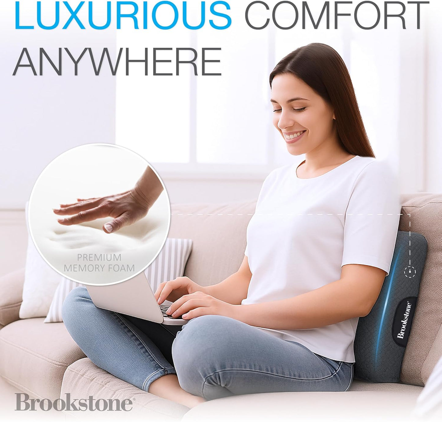 Brookstone - Luxurious Lumbar Support Pillow for Car or Office Chair, Back Cushion with Premium Grade Memory Foam, Breathable and Washable Cover, Adjustable Strap