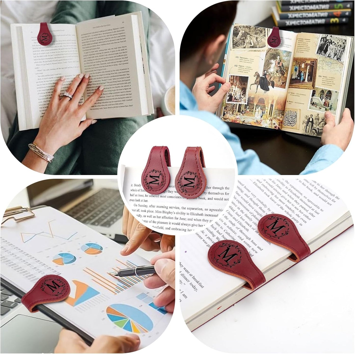 2PCS Magnetic Bookmarks, Magnetic Leather Bookmark with Initial, Double-Sided Magnetic Bookmarks for Women, Bookmark Clip Gift for Book Lover Readers Men Women Teachers Students, Book Accessories (M)