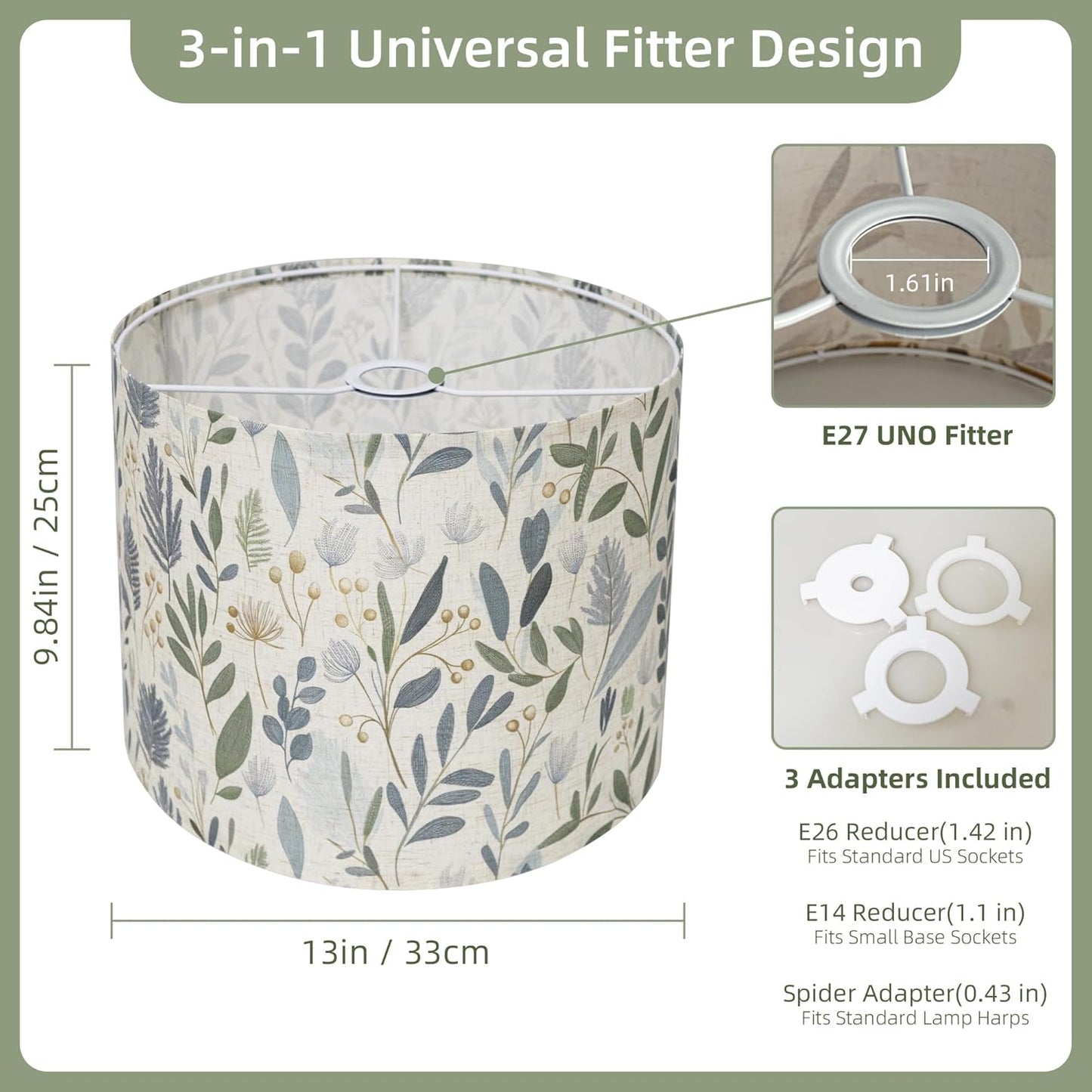 Drum Lamp Shade 13 x 13 x 10 inch, Sage Green Botanical Print Linen Lampshade Replacement for Table Lamps & Floor Lamps, E26 E27 Compatible Spider Fitter Lamp Shade for Bedroom Living Room