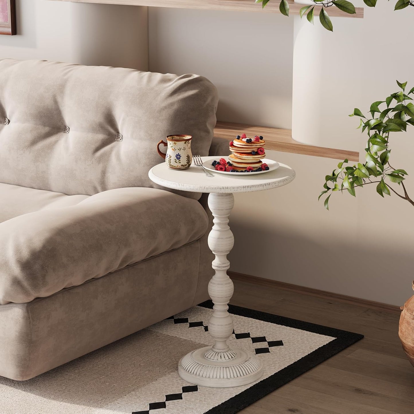 Small Round Metal Side Table, Lightweight Decorative Drink Table with Vintage Roman Column, Retro Distressed Accent Table for Living Room, Bedroom, Corners (2, Antique White)